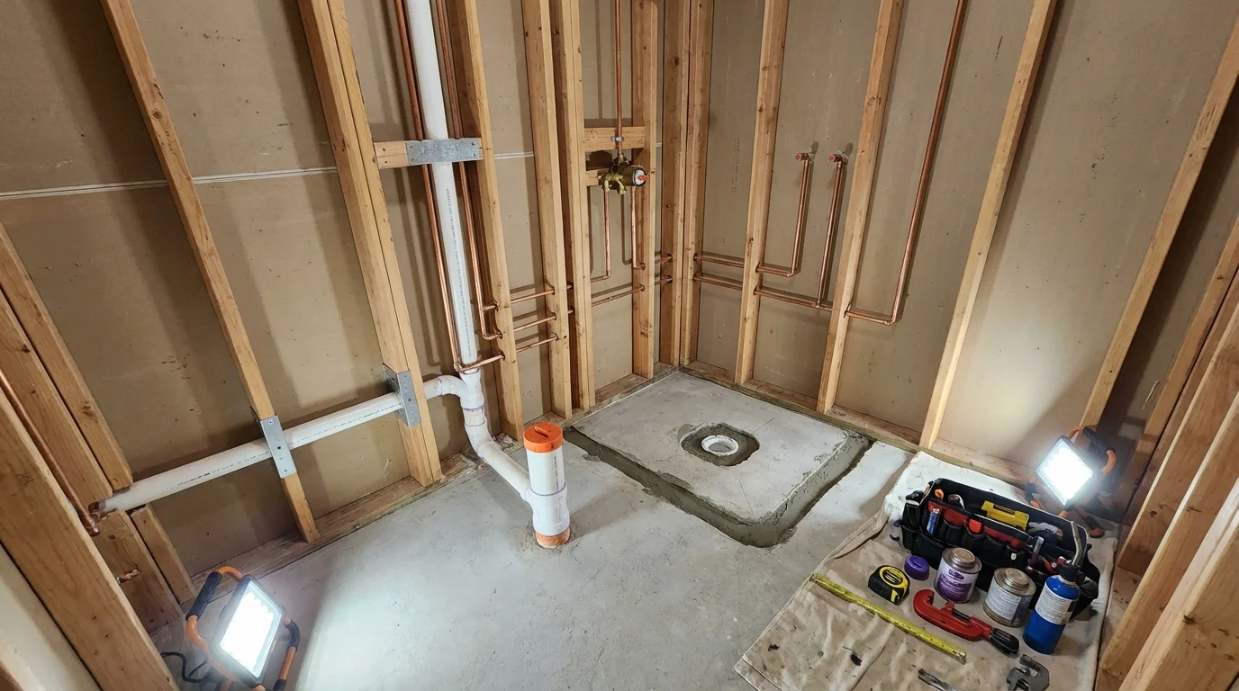 Bathroom rough-in plumbing during remodel by Johns Plumbing LLC in Daphne