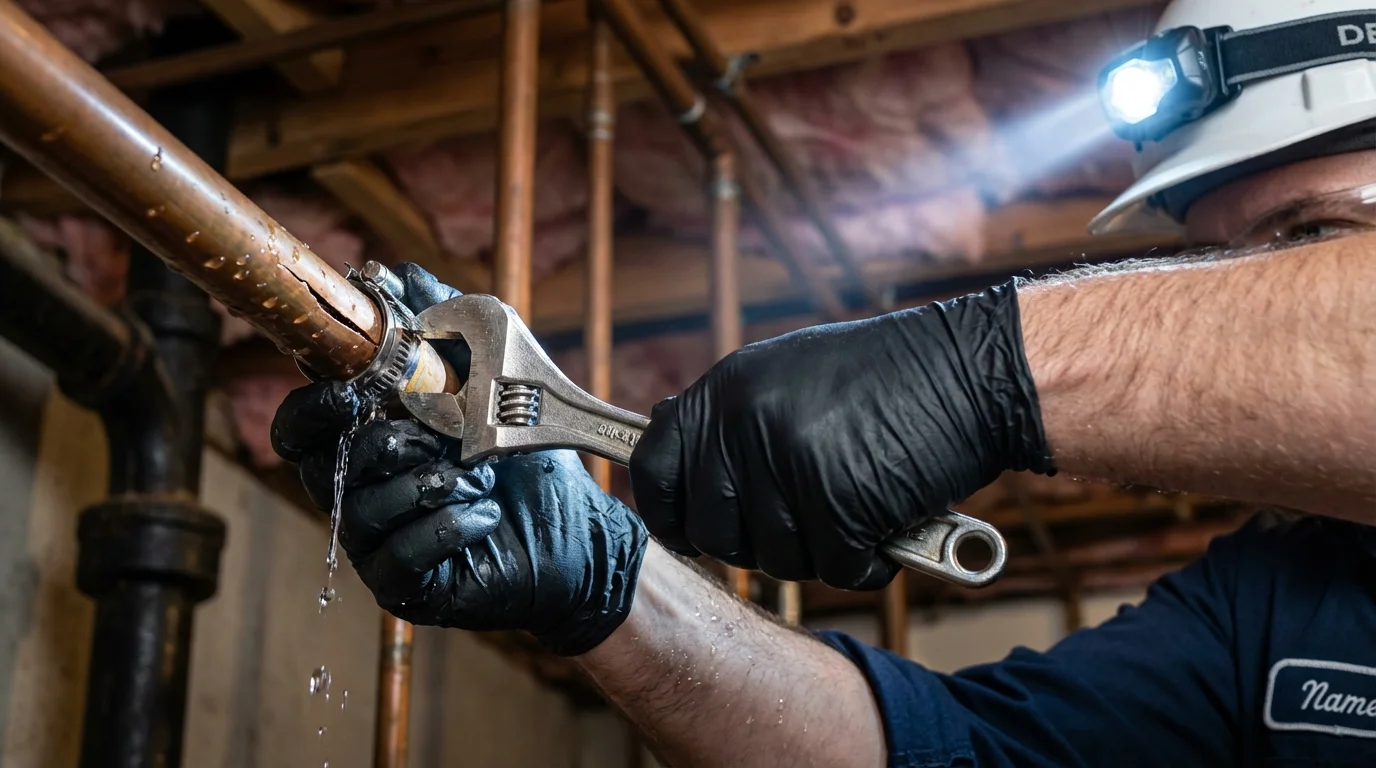 Emergency pipe clamp repair being performed by a Johns Plumbing LLC plumber in Daphne