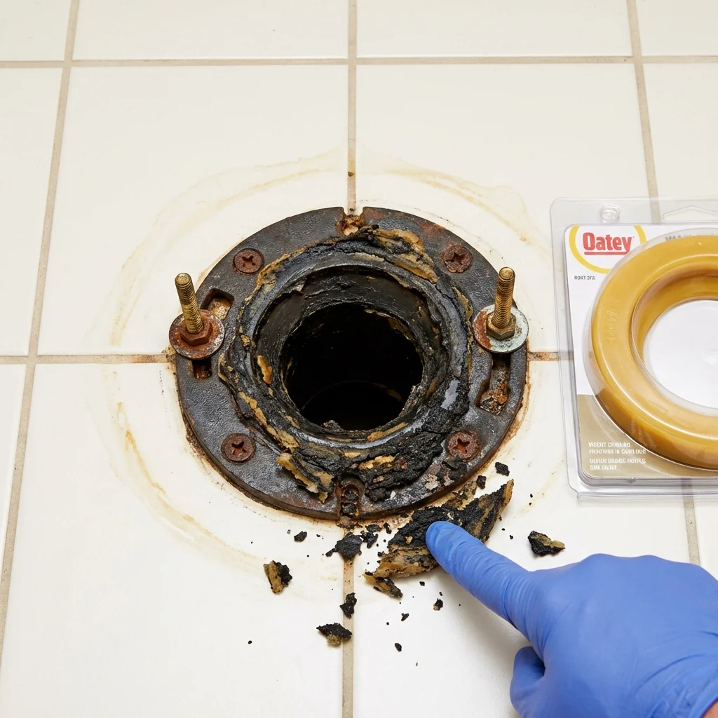 Failed wax ring showing water seepage at the base of a toilet in a Daphne, AL home